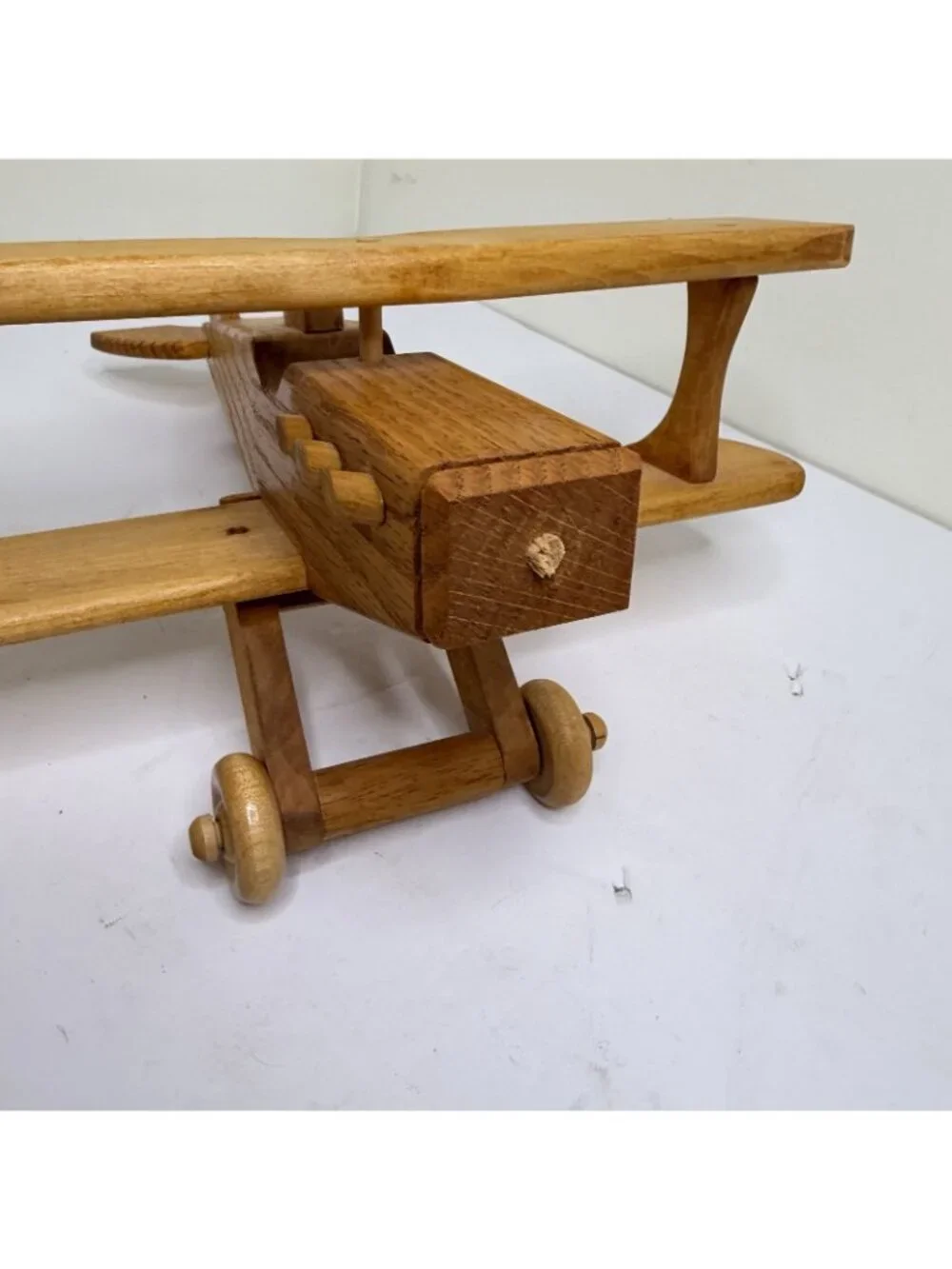 Vintage Natural Wood Handcrafted Wooden Double Wing Biplane Toy Collectible